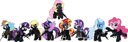 Size: 7999x2625 | Tagged: safe, alternate version, artist:n0kkun, derpibooru import, applejack, fluttershy, pinkie pie, rainbow dash, rarity, starlight glimmer, sunset shimmer, trixie, twilight sparkle, twilight sparkle (alicorn), alicorn, earth pony, pegasus, pony, unicorn, accuracy international, afp, ak-103, armor, assault rifle, aug, australia, awm, balaclava, belt, boots, bope, brazil, british, bullet, clothes, colt canada c8nld, commission, cuffs, ear piercing, earpiece, earring, face paint, famas, female, fingerless gloves, flying, france, fsb, german, gign, glock, glock 17, gloves, grenade, gsg9, gun, handgun, hk416, holster, imbel md97, jacket, jewelry, knee pads, knife, m4a1, mane six, mare, model 686, mp5, mp5k, mp7, netherlands, open mouth, p-965, p90, pants, piercing, pistol, police, pouch, radio, raised hoof, raised leg, remington 870, revolver, rifle, royal marechaussee, sawed off shotgun, sco19, sek, shirt, shoes, shotgun, shotgun shell, simple background, skull, sniper, sniper rifle, steyr aug, submachinegun, swat, transparent background, united kingdom, united states, usp, wall of tags, weapon