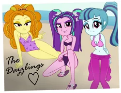 Size: 1692x1309 | Tagged: suggestive, artist:charliexe, artist:grapefruitface1, derpibooru import, adagio dazzle, aria blaze, sonata dusk, equestria girls, base used, beach, bedroom eyes, belly button, bikini, breasts, cleavage, clothes, feet, female, heel pop, lidded eyes, looking at you, midriff, pigtails, ponytail, sandals, swimsuit, the dazzlings, trio, trio female, twintails