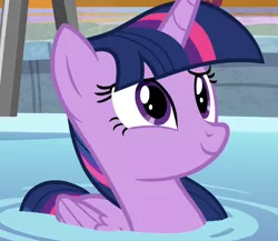 Size: 644x559 | Tagged: safe, derpibooru import, screencap, twilight sparkle, twilight sparkle (alicorn), alicorn, pony, deep tissue memories, spoiler:deep tissue memories, spoiler:mlp friendship is forever, cropped, cute, female, mare, smiling, solo, swimming pool, twiabetes, twilight duckle, water