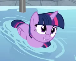 Size: 496x401 | Tagged: safe, derpibooru import, screencap, twilight sparkle, twilight sparkle (alicorn), alicorn, pony, deep tissue memories, spoiler:deep tissue memories, spoiler:mlp friendship is forever, cropped, cute, female, folded wings, mare, smiling, solo, swimming pool, twiabetes, twilight duckle, water, wings