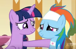 Size: 814x535 | Tagged: 9now, alicorn, comforting, cropped, crying, deep tissue memories, derpibooru import, duo, looking at each other, rainbow dash, sad smile, safe, screencap, smiling, spa pony rainbow dash, spoiler:deep tissue memories, tears of joy, twilight sparkle, twilight sparkle (alicorn)