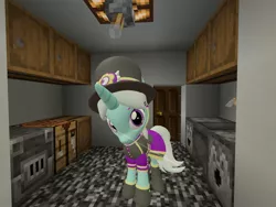 Size: 2048x1536 | Tagged: safe, artist:topsangtheman, derpibooru import, cornetta, pony, unicorn, 3d, clothes, hat, house, kitchen, looking at you, minecraft, photoshopped into minecraft, solo, source filmmaker, uniform