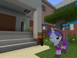 Size: 2048x1536 | Tagged: safe, artist:topsangtheman, derpibooru import, spring rain, pony, unicorn, 3d, clothes, hat, house, looking at you, minecraft, photoshopped into minecraft, solo, source filmmaker, tree, uniform