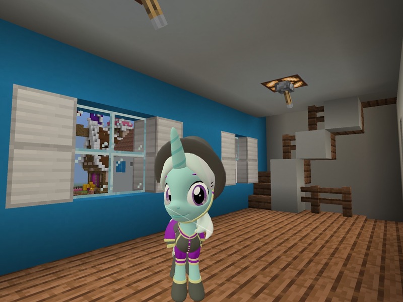 Size: 2048x1536 | Tagged: safe, artist:topsangtheman, derpibooru import, cornetta, pony, unicorn, 3d, clothes, hat, house, interior, living room, looking at you, minecraft, photoshopped into minecraft, solo, source filmmaker, sugarcube corner, uniform