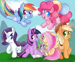 Size: 1623x1349 | Tagged: safe, artist:therainbowtroll, derpibooru import, applejack, fluttershy, pinkie pie, rainbow dash, rarity, spike, twilight sparkle, twilight sparkle (alicorn), alicorn, dragon, earth pony, pegasus, pony, unicorn, balloon, book, colored pupils, cute, female, floating, floppy ears, flying, looking at you, male, mane seven, mane six, mare, rainbow trail, sitting, smiling, straw in mouth, then watch her balloons lift her up to the sky, winged spike