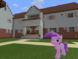 Size: 2048x1536 | Tagged: safe, artist:topsangtheman, derpibooru import, amethyst star, pony, unicorn, 3d, house, looking at you, minecraft, photoshopped into minecraft, solo, source filmmaker