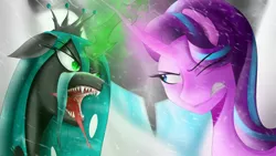 Size: 3840x2160 | Tagged: safe, artist:flaxen's art corner, derpibooru import, queen chrysalis, starlight glimmer, unicorn, confrontation, glowing horn, horn, magic, snow