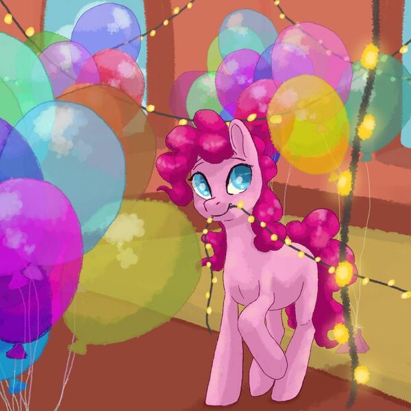 Size: 1280x1280 | Tagged: safe, artist:shaslan, derpibooru import, pinkie pie, earth pony, pony, balloon, colored pupils, cute, diapinkes, fairy lights, female, lights, mare, missing cutie mark, mouth hold, solo