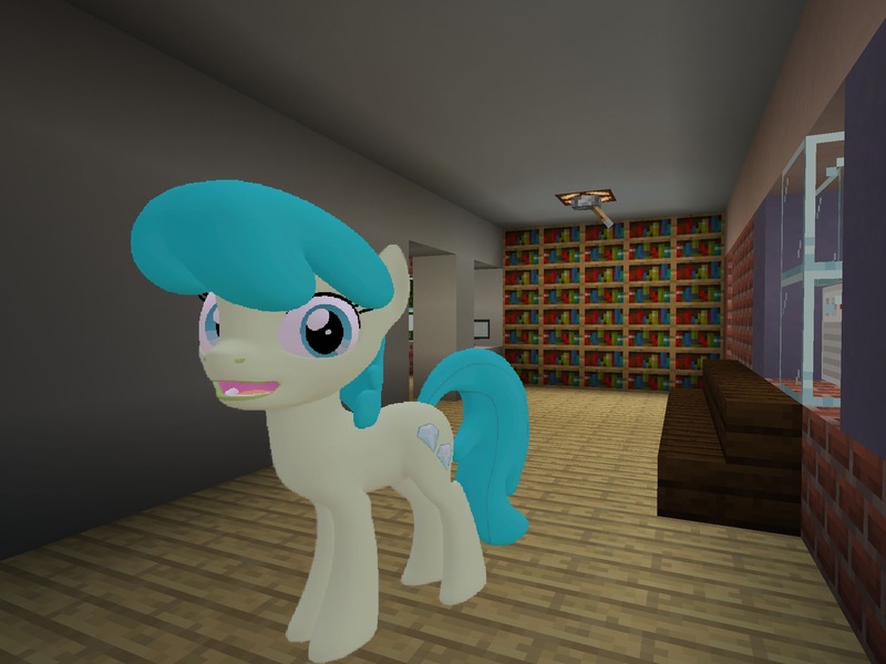 Size: 2048x1536 | Tagged: safe, artist:topsangtheman, derpibooru import, green jewel, earth pony, pony, 3d, bookshelf, house, living room, looking at you, minecraft, open mouth, photoshopped into minecraft, solo, source filmmaker