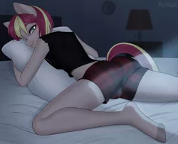 Size: 1280x1037 | Tagged: suggestive, artist:pewas, derpibooru import, oc, oc:brown betty, unofficial characters only, anthro, earth pony, unguligrade anthro, ass, bed, bedroom, bedroom eyes, blushing, boxers, breasts, bulges, butt, clothes, commission, digital art, futa, intersex, lamp, looking at you, looking over shoulder, moonlight, night, pillow, shirt, smiling, smiling at you, solo, solo futa, tail, underwear, ych result