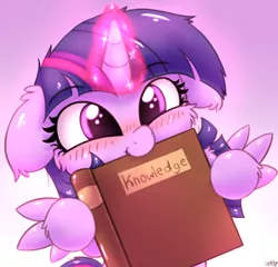 Size: 2500x2400 | Tagged: safe, artist:heavymetalbronyyeah, derpibooru import, twilight sparkle, twilight sparkle (alicorn), alicorn, pony, :t, blushing, book, bookhorse, cheek fluff, chest fluff, cute, ear fluff, ear tufts, female, floppy ears, fluffy, glowing horn, gradient background, high res, hoof fluff, hoof hold, horn, knowledge, leg fluff, looking at you, magic, mare, mouth hold, nom, open mouth, smiling, solo, spread wings, that pony sure does love books, twiabetes, weapons-grade cute, wings