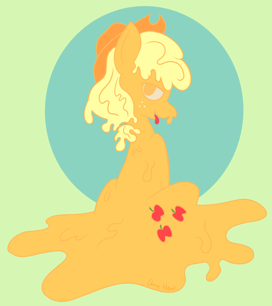 Size: 1194x1346 | Tagged: safe, artist:amynewblue, derpibooru import, applejack, earth pony, gakpony, goo, goo pony, original species, pony, apple, applejack's hat, cowboy hat, food, gak, hat, slime, solo, wet