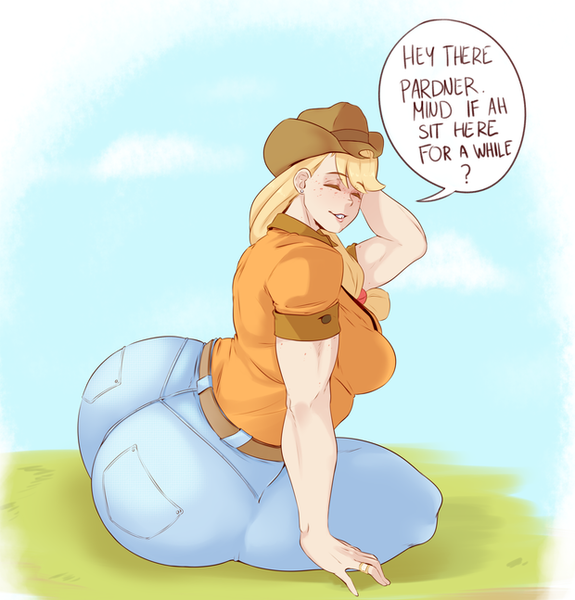 Size: 620x647 | Tagged: adorasexy, applebucking thighs, applebutt, applejack, applejacked, applejack's hat, artist:sundown, ass, belt, breasts, busty applejack, butt, clothes, cowboy hat, cute, derpibooru import, eyes closed, fat ass, happy, hat, human, humanized, jeans, large butt, muscles, pants, sexy, smiling, smiling at you, solo, suggestive, talking to viewer, the ass was fat, thicc ass, thighs, thunder thighs, tight clothing