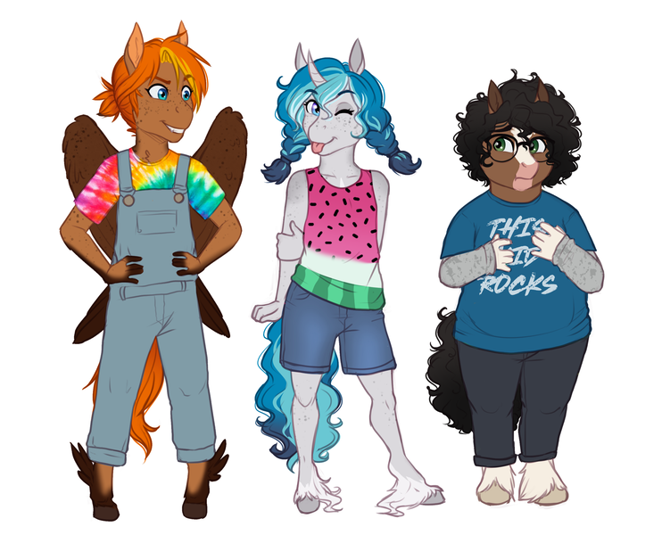 Size: 2887x2336 | Tagged: safe, artist:askbubblelee, derpibooru import, oc, oc:bubble lee, oc:singe, oc:walter nutt, anthro, earth pony, pegasus, unguligrade anthro, unicorn, anthro oc, body freckles, clothes, digital art, earth pony oc, female, freckles, horn, image, male, pegasus oc, png, shirt, shoulder freckles, unicorn oc, unshorn fetlocks, wings, younger