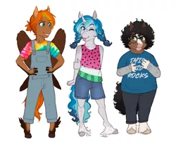 Size: 2887x2336 | Tagged: safe, artist:askbubblelee, derpibooru import, oc, oc:bubble lee, oc:singe, oc:walter nutt, anthro, earth pony, pegasus, unguligrade anthro, unicorn, anthro oc, body freckles, clothes, digital art, earth pony oc, female, freckles, horn, image, male, pegasus oc, png, shirt, shoulder freckles, unicorn oc, unshorn fetlocks, wings, younger