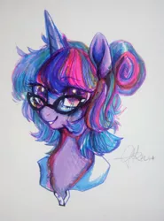 Size: 1280x1729 | Tagged: safe, artist:goldenrainynight, derpibooru import, twilight sparkle, pony, alternate hairstyle, bust, cute, female, glasses, hair bun, looking at you, mare, portrait, signature, simple background, smiling, solo, traditional art, twiabetes, white background