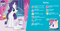 Size: 1399x719 | Tagged: safe, derpibooru import, official, fluttershy, opalescence, rarity, pegasus, pony, unicorn, bio, caviar, food, meat, my little pony, ponies eating meat, ponies eating seafood, profile, seafood