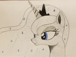 Size: 2224x1666 | Tagged: safe, artist:polar_storm, derpibooru import, princess luna, alicorn, pony, blue eyes, bust, crown, female, jewelry, mare, monochrome, neo noir, partial color, regalia, simple background, smiling, solo, traditional art, white background