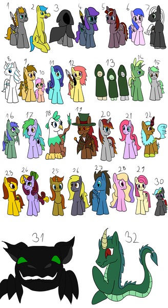 Size: 6552x12000 | Tagged: safe, artist:platinumdrop, derpibooru import, kirin oc, oc, oc:aurora dew, oc:circle wing, oc:duel fever, oc:emerald bolt, oc:far shot, oc:grey disc, oc:ice fury, oc:lord copper gear, oc:peachy mint, oc:pink radish, oc:platinumdrop, oc:plow, oc:rose black, oc:shadow guardian, oc:sharp smack, oc:spotless floor, oc:sweet nugget, oc:turquoise elixir, oc:twisty scene, oc:velvet tulip, oc:violet plate, unnamed oc, demon, earth pony, gryphon, kirin, pegasus, serpent, unicorn, clothes, cultist, griffon oc, robe, simple background, spear, weapon, white background