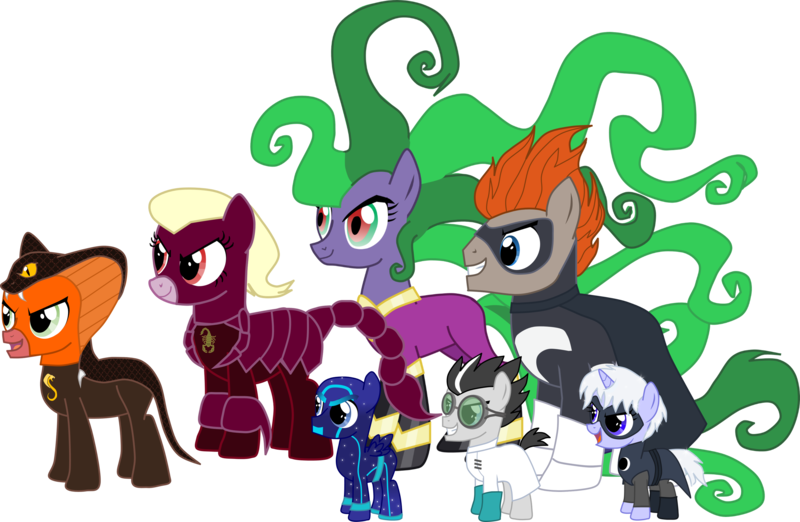 Size: 3295x2150 | Tagged: safe, artist:shadymeadow, derpibooru import, mane-iac, oc, oc:kid psychobra, oc:stinger fierce, ponified, earth pony, pegasus, pony, unicorn, antagonist, clothes, colt, crossover, female, filly, lab coat, luna girl, male, mare, night ninja, pj masks, romeo, simple background, species swap, stallion, syndrome, the incredibles, transparent background