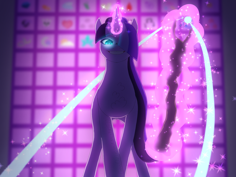 Size: 2048x1536 | Tagged: safe, artist:cowovermoonstone, derpibooru import, starlight glimmer, pony, unicorn, alternate universe, evil grin, glowing horn, grin, horn, smiling, solo, staff, staff of sameness