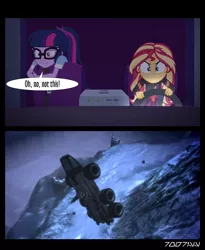 Size: 1288x1572 | Tagged: safe, derpibooru import, edit, edited screencap, editor:teren rogriss, screencap, sci-twi, sunset shimmer, twilight sparkle, equestria girls, equestria girls series, sunset's backstage pass!, spoiler:eqg series (season 2), glasses, mako, mass effect, vehicle