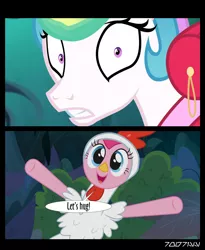 Size: 1288x1572 | Tagged: safe, derpibooru import, edit, edited screencap, editor:teren rogriss, screencap, pinkie pie, princess celestia, alicorn, earth pony, between dark and dawn, alektorophobia, animal costume, chicken pie, chicken suit, clothes, costume, forest, frightened, that princess sure is afraid of chickens