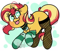 Size: 3000x2520 | Tagged: safe, artist:befishproductions, derpibooru import, sunset shimmer, pony, unicorn, :p, clothes, collar, cute, fishnets, heart eyes, high res, jewelry, looking at you, pendant, shimmerbetes, socks, solo, striped socks, tongue out, wingding eyes