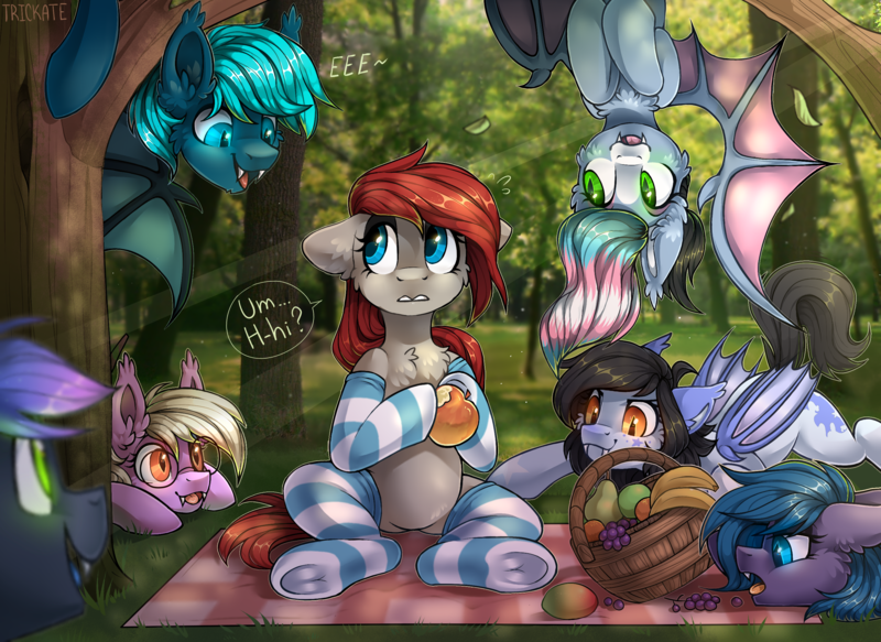 Size: 2744x2000 | Tagged: safe, artist:trickate, derpibooru import, oc, oc:belfry towers, oc:guttatus, oc:mitzy, oc:pinkfull night, oc:ponepony, oc:starskipper, unofficial characters only, bat pony, earth pony, pony, apple, banana, basket, chest fluff, clothes, crepuscular rays, cute, eeee, fangs, female, food, forest, fruit, grapes, male, mango, mare, pear, picnic blanket, sitting, socks, stallion, striped socks, tree