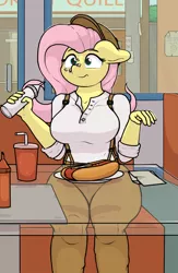 Size: 3437x5262 | Tagged: safe, artist:ljdamz1119, derpibooru import, fluttershy, anthro, bat pony, big breasts, breasts, busty fluttershy, clothes, diner, floppy ears, flutterbat, food, hat, hot dog, mayonnaise, meat, plump, race swap, sauce, sausage, shirt, sitting, soda, solo, suspenders