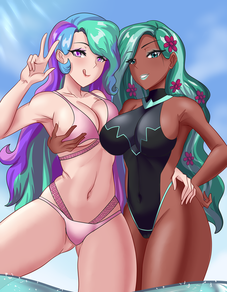 Size: 1495x1920 | Tagged: anime, armpits, artist:thebrokencog, belly button, big breasts, bikini, breast grab, breasts, busty princess celestia, cleavage, clothes, commission, derpibooru import, grope, human, humanized, midriff, not queen chrysalis, oc, oc:gaia, one-piece swimsuit, open-back swimsuit, peace sign, princess celestia, suggestive, swimsuit, thighs, underass