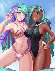 Size: 1495x1920 | Tagged: anime, armpits, artist:thebrokencog, belly button, big breasts, bikini, breast grab, breasts, busty princess celestia, cleavage, clothes, commission, derpibooru import, grope, human, humanized, midriff, not queen chrysalis, oc, oc:gaia, one-piece swimsuit, open-back swimsuit, peace sign, princess celestia, suggestive, swimsuit, thighs, underass