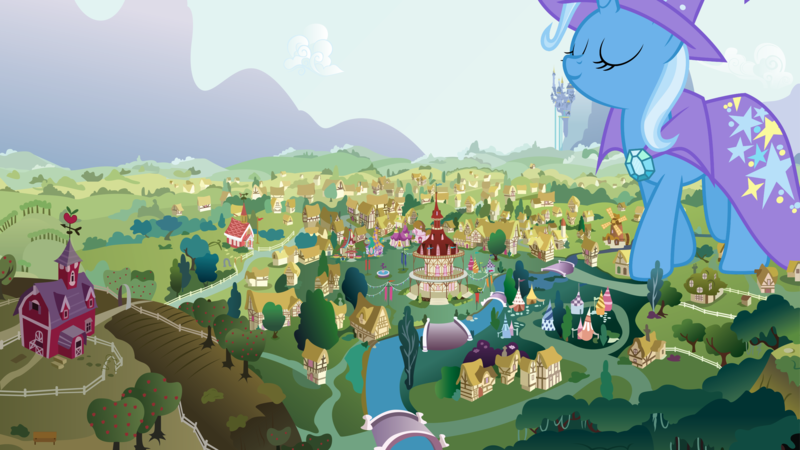 Size: 3840x2160 | Tagged: safe, artist:hellswolfeh, artist:jaredking203, artist:jeatz-axl, deleted from derpibooru, derpibooru import, trixie, pony, unicorn, cape, clothes, female, giant pony, giant trixie, giant unicorn, giantess, hat, macro, mare, mega trixie, ponyville, trixie's cape, trixie's hat, vector used