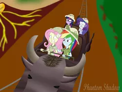 Size: 1920x1440 | Tagged: safe, artist:phantomshadow051, derpibooru import, fluttershy, rainbow dash, rarity, sci-twi, twilight sparkle, equestria girls, clothes, covering, explorer outfit, hat, jungle, lava, padding, pith helmet, roller coaster, scared, volcano