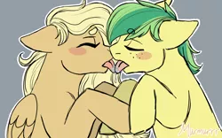 Size: 3200x2000 | Tagged: suggestive, artist:murmurrrart, derpibooru import, oc, unofficial characters only, earth pony, pegasus, pony, blushing, drool, eyebrows visible through hair, eyes closed, floppy ears, folded wings, freckles, french kiss, gay, green background, kissing, male, signature, simple background, stallion, tongue out, wings
