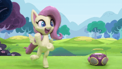 Size: 800x450 | Tagged: safe, derpibooru import, screencap, fluttershy, pegasus, pony, dance dance, my little pony: pony life, my little pony: stop motion short, animated, bipedal, cute, dancing, gangnam style, gif, grass, radio, shyabetes, solo, stop motion, tree, wings