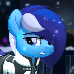 Size: 500x500 | Tagged: safe, artist:bastbrushie, artist:jhayarr23, derpibooru import, oc, oc:brushie brusha, unofficial characters only, android, earth pony, pony, robot, robot pony, animated, city, cityscape, clothes, collaboration, cosplay, costume, detroit: become human, earth pony oc, gif, loop, night, rk900, snow, solo