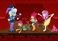 Size: 1280x906 | Tagged: safe, artist:lavenderrain24, derpibooru import, apple bloom, scootaloo, sweetie belle, trixie, equestria girls, ballerina, barefoot, behaving like a chicken, behaving like a dog, boots, clothes, cutie mark crusaders, dress, feet, hoodie, hypnosis, hypnotist, hypnotized, jacket, jeans, pants, pendulum swing, pocket watch, shirt, shoes, shorts, skirt, stage, swirly eyes, theater