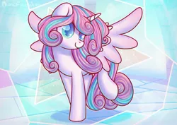 Size: 3508x2480 | Tagged: safe, artist:musicfirewind, derpibooru import, princess flurry heart, alicorn, pony, cute, female, flurrybetes, mare, older, older flurry heart, raised leg, smiling, solo, spread wings, wings