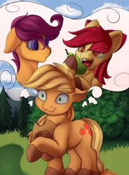 Size: 2672x3621 | Tagged: safe, artist:batsdisaster, derpibooru import, apple bloom, applejack, scootaloo, earth pony, pegasus, pony, applejack's hat, cowboy hat, dishonorapple, eating, female, filly, food, freckles, happy, hat, mare, pear, shocked, that pony sure does hate pears