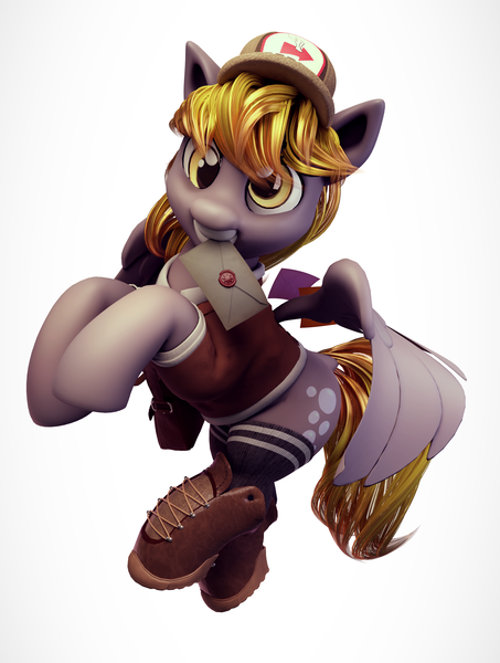 Size: 2220x2940 | Tagged: safe, artist:gelei, artist:ncmares, derpibooru import, derpy hooves, pegasus, pony, 3d, boots, cap, clothes, envelope, female, hat, mailpony, shoes, simple background, socks, solo, thigh highs