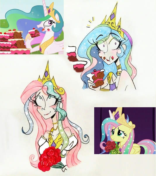 Size: 2607x2929 | Tagged: safe, artist:citi, derpibooru import, screencap, fluttershy, princess celestia, alicorn, human, pegasus, pony, horse play, ponyville confidential, cake, cakelestia, celestia costume, clothes, cosplay, costume, crown, food, humanized, jewelry, regalia, scene interpretation, screencap reference, shylestia, traditional art