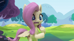 Size: 800x450 | Tagged: safe, derpibooru import, screencap, fluttershy, pegasus, pony, dance dance, my little pony: pony life, my little pony: stop motion short, animated, bipedal, dancing, gif, grass, hooves up, solo, stop motion, sweat, sweatdrop, tree, wings, worried, zoom in, zoomed in
