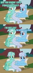 Size: 624x1383 | Tagged: safe, derpibooru import, edit, edited screencap, screencap, linky, lyra heartstrings, shoeshine, earth pony, pony, unicorn, dragonshy, 3 panel comic, animation error, bench, blatant lies, caption, comic, image macro, looking at you, meme, ponified meme, prone, screencap comic, sitting, sitting lyra, text