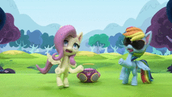 Size: 1920x1080 | Tagged: safe, derpibooru import, screencap, fluttershy, rainbow dash, pegasus, pony, dance dance, my little pony: pony life, my little pony: stop motion short, animated, bipedal, dancing, dizzy, excited, grass, happy, looking at each other, radio, sitting, smiling, sound, stop motion, sunglasses, sweat, sweatdrop, theme song, tired, tongue out, tree, webm, wings