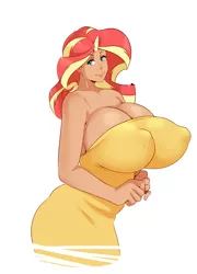 Size: 620x861 | Tagged: artist:sundown, big breasts, breasts, busty sunset shimmer, cleavage, clothes, derpibooru import, dress, erect nipples, female, horn, horned humanization, huge breasts, human, humanized, nipple outline, simple background, solo, solo female, suggestive, sunset shimmer, white background
