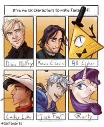 Size: 1080x1324 | Tagged: safe, artist:mori_the_french_artist, derpibooru import, human, pony, unicorn, six fanarts, ben 10, bill cipher, bowtie, bust, crossover, draco malfoy, female, gravity falls, harry potter, hat, jack frost, kevin levin, lucky luke, makeup, male, mare, neckerchief, straw in mouth, top hat