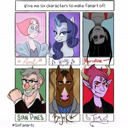 Size: 1080x1080 | Tagged: safe, artist:liv.howlett, derpibooru import, rarity, anthro, human, pony, unicorn, six fanarts, adventure time, anthro with ponies, bedroom eyes, bojack horseman, bust, cigarette, clothes, crossover, eyelashes, female, glasses, glowing horn, gravity falls, grin, horn, makeup, male, marceline, mare, pearl (steven universe), smiling, smoking, stan pines, star vs the forces of evil, steven universe, tom lucitor, upside down