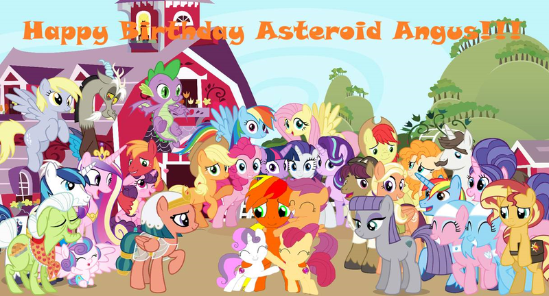 Size: 1217x657 | Tagged: safe, artist:lachlancarr1996, derpibooru import, aloe, apple bloom, applejack, big macintosh, bright mac, cookie crumbles, derpy hooves, discord, fluttershy, granny smith, hondo flanks, lotus blossom, mane allgood, maud pie, pear butter, pinkie pie, princess cadance, princess flurry heart, rainbow dash, rarity, scootaloo, shining armor, snap shutter, somnambula, spike, sugar belle, sunset shimmer, sweetie belle, twilight sparkle, oc, oc:asteroid angus, oc:lachlancarr, alicorn, draconequus, dragon, earth pony, pegasus, unicorn, bipedal, birthday, cutie mark crusaders, mane seven, mane six, sweet apple acres, winged spike