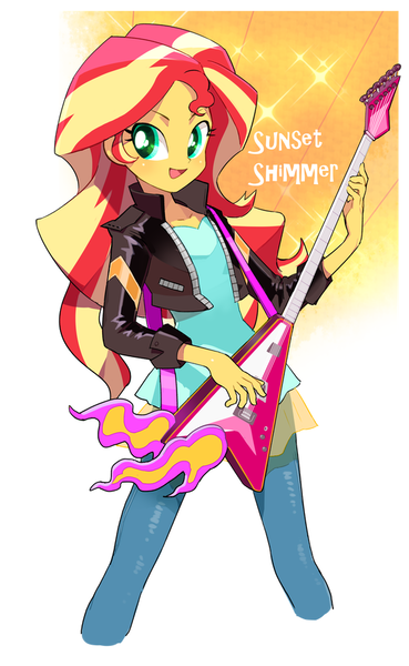 Size: 553x900 | Tagged: safe, artist:moudoku, artist:moudokupxv, derpibooru import, sunset shimmer, equestria girls, clothes, cute, electric guitar, female, flying v, guitar, jacket, leather jacket, musical instrument, open mouth, pants, playing, shimmerbetes, solo